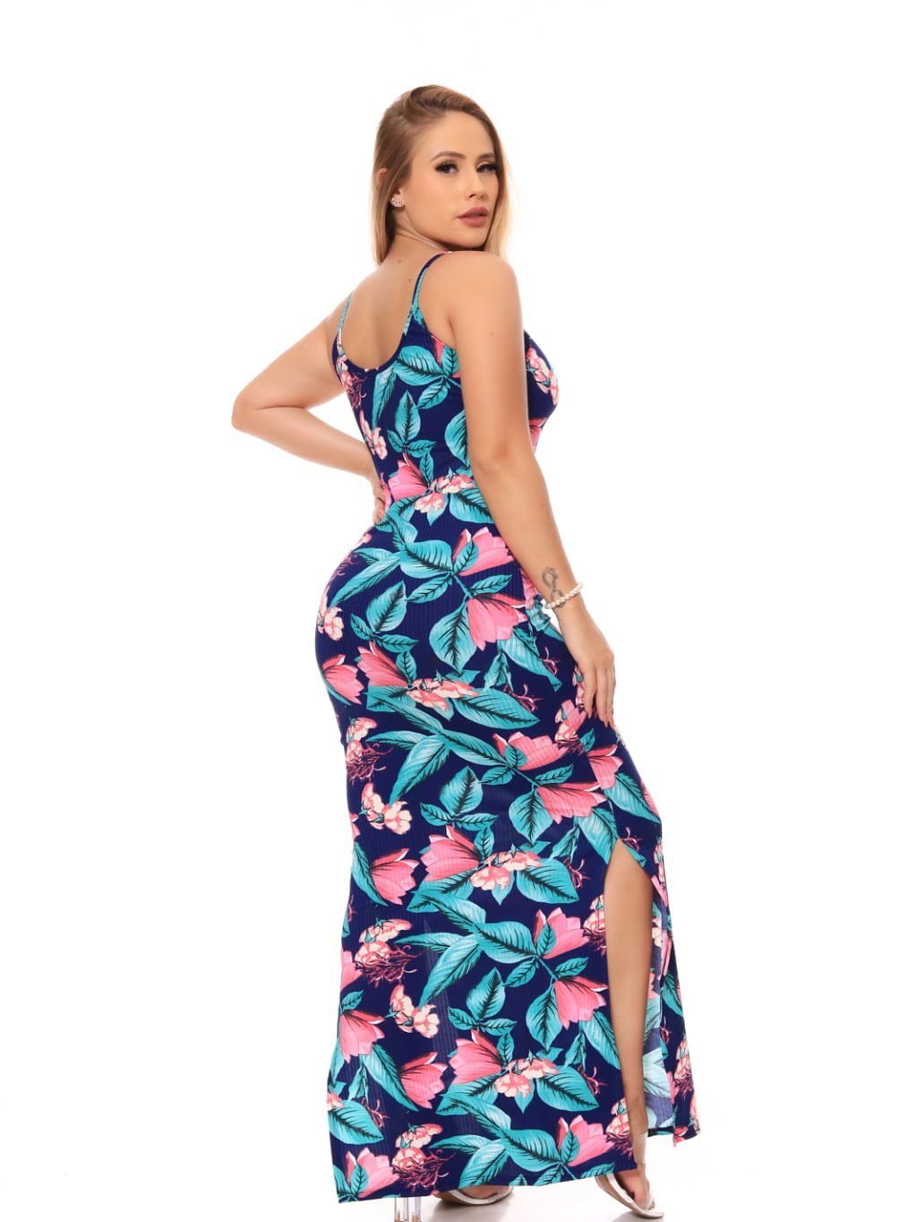 Vestido Floral Canelado Casual Versátil Feminino Nova Moda Alça