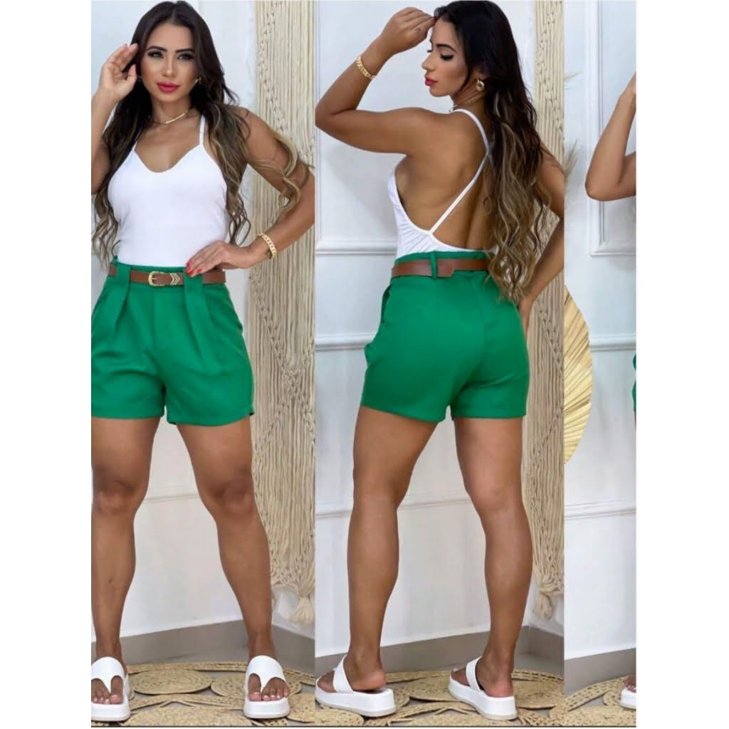 Short Feminino Alfaiataria social com cinto de courinho